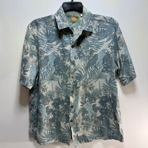 Caribbean Palm & Bird Print Short Sleeve Silk Blend Shirt Men's Large